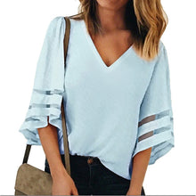 Load image into Gallery viewer, GEJIAN Camisetas Verano Mujer 2019 New Loose Mesh Stitching Fashion V-Neck flared Sleeve Women&#39;s Shirt Large Size Women Clothing