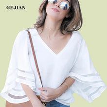 Load image into Gallery viewer, GEJIAN Camisetas Verano Mujer 2019 New Loose Mesh Stitching Fashion V-Neck flared Sleeve Women&#39;s Shirt Large Size Women Clothing